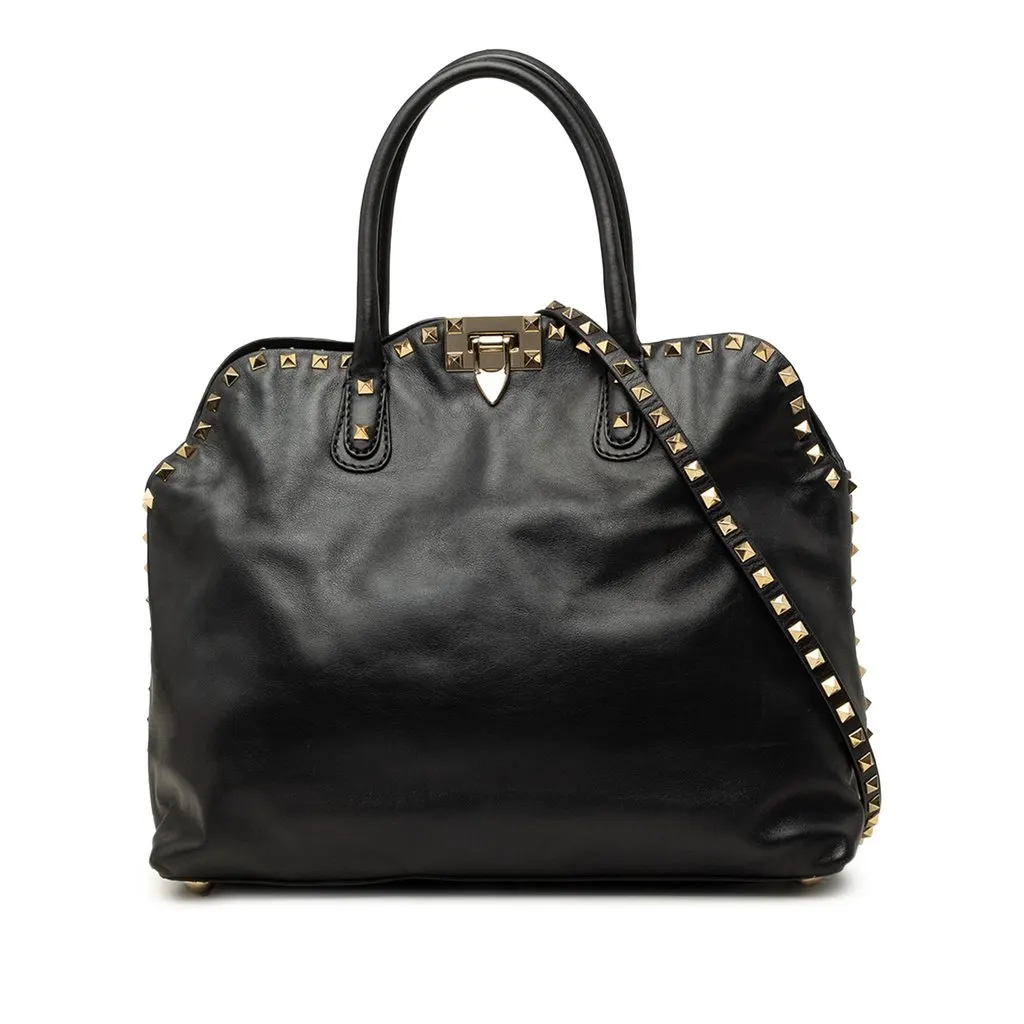 Valentino Leather Rockstud Dome Double Handle Satchel Black Leather Good - Front View