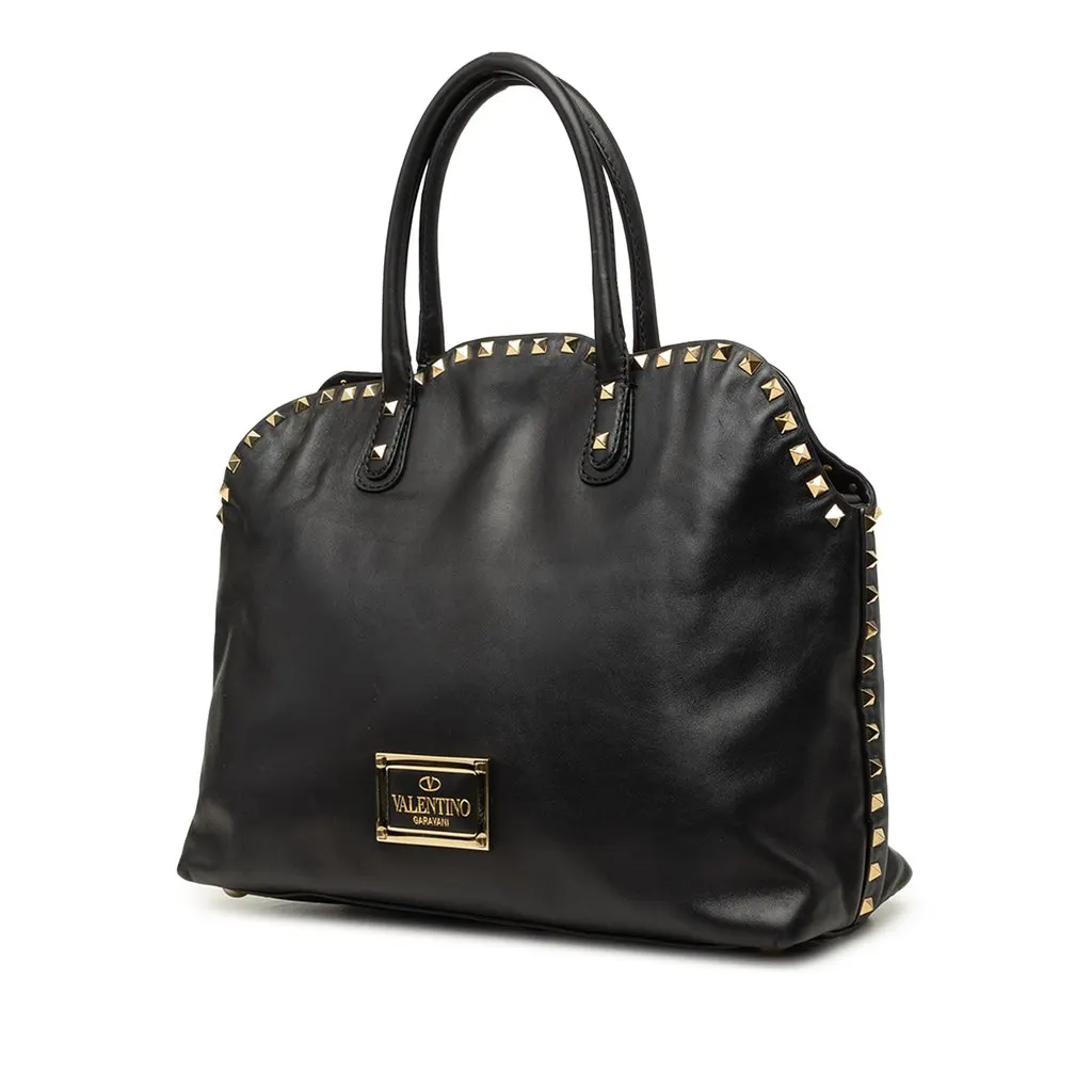 Valentino Leather Rockstud Dome Double Handle Satchel Black Leather Good - Back View