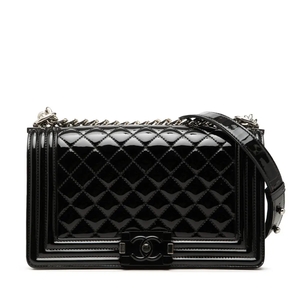 Chanel Old Medium Quilted Patent Acrylic Boy Flap Black Leather Very good - Front View