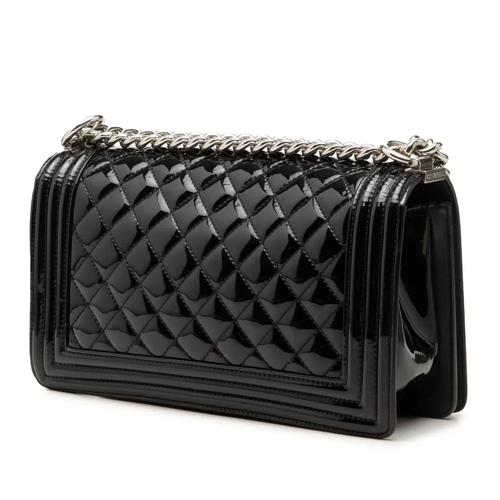 Chanel Old Medium Quilted Patent Acrylic Boy Flap Black Leather Very good - Back View