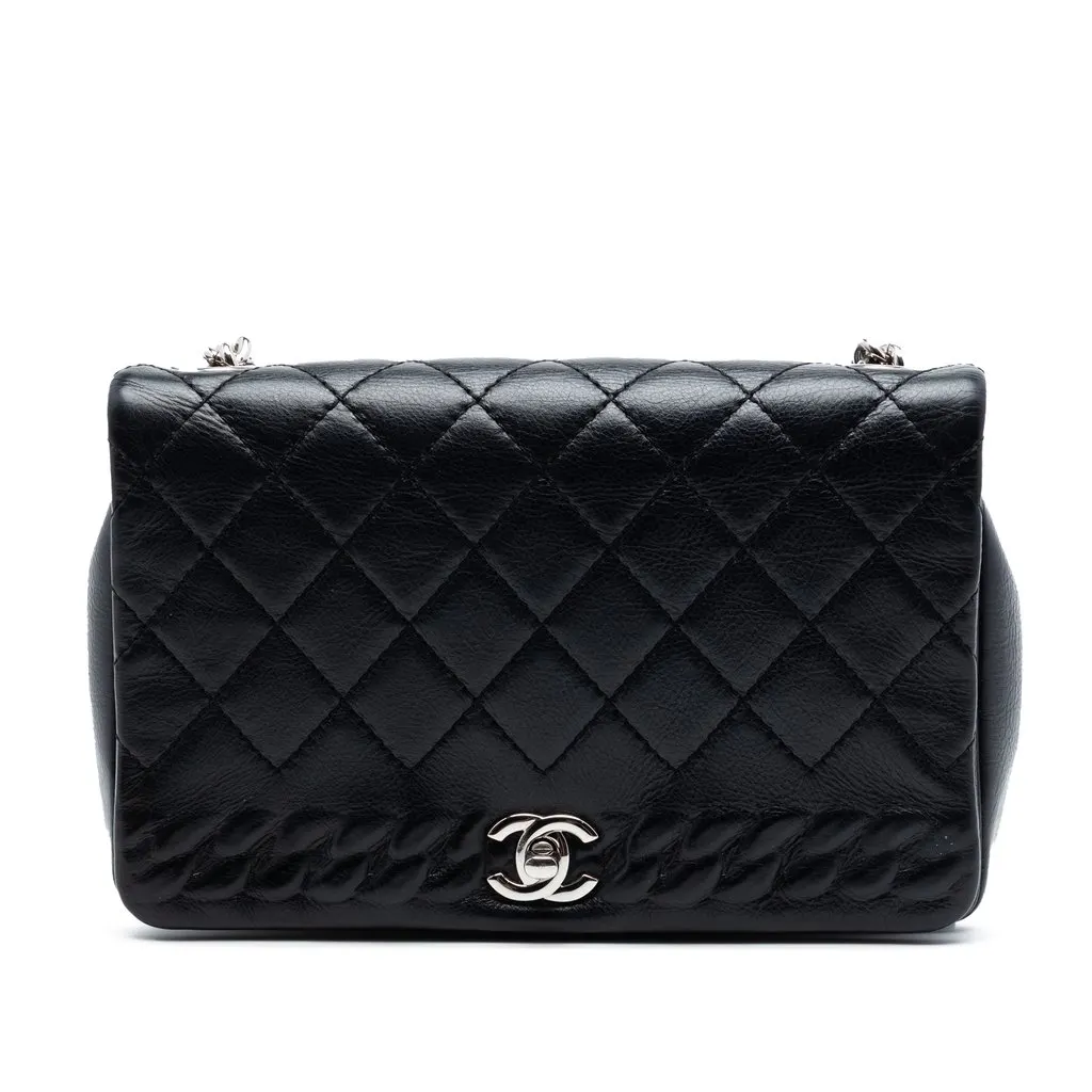 Chanel Small CC Quilted Lambskin Embossed Braid Single Flap Black Leather Very good - Front View