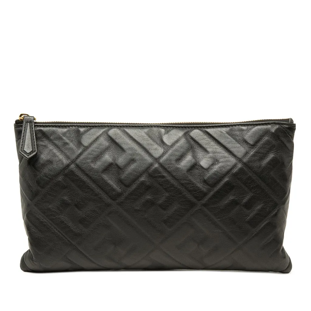 Fendi Embossed Leather FF 1974 Clutch Black Leather Good - Front View
