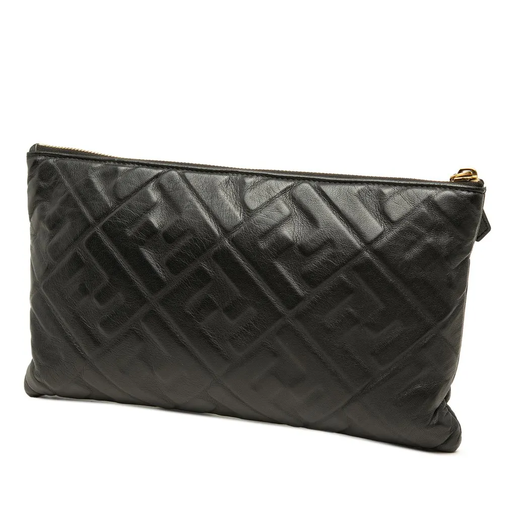 Fendi Embossed Leather FF 1974 Clutch Black Leather Good - Back View