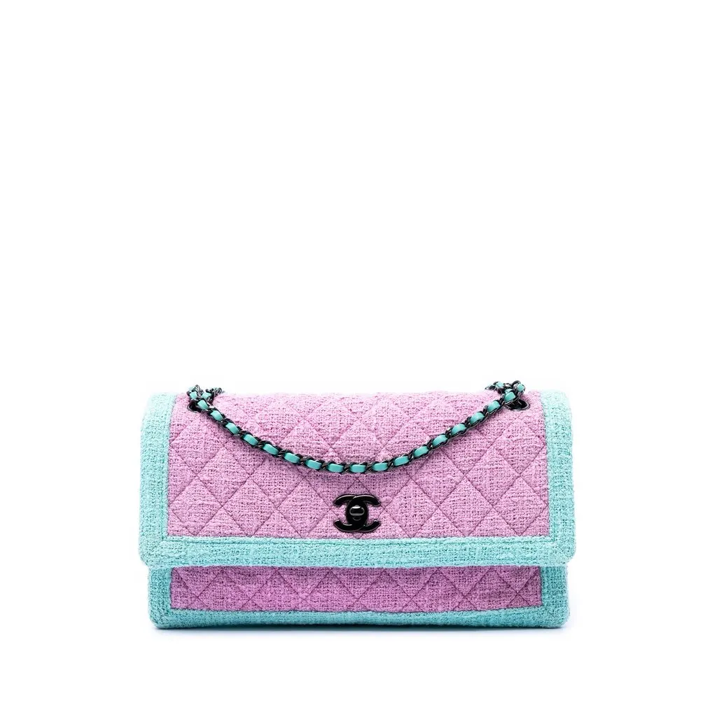 Chanel CC Quilted Bicolor Tweed Flap Pink Very good - Front View