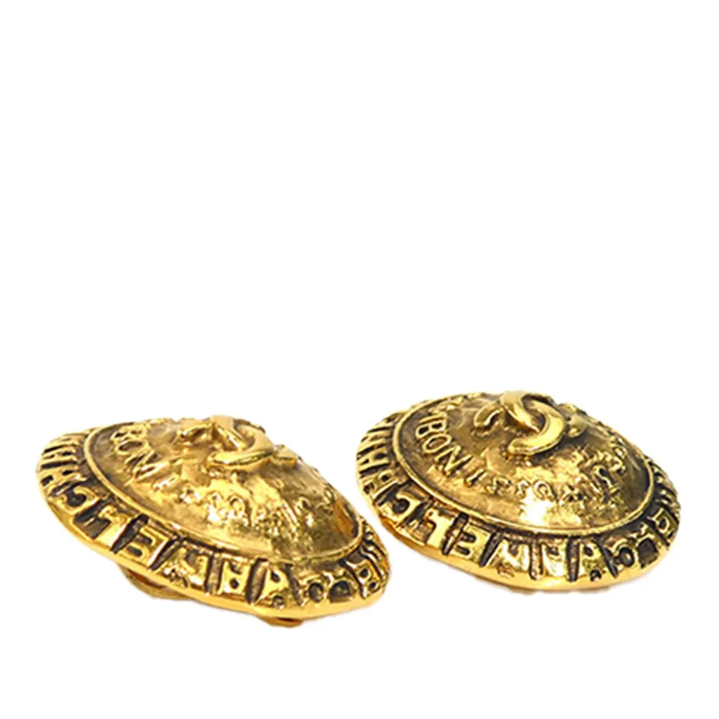Chanel CC Gold Plated Logo Round Clip On Earrings Gold Metal Very good - Inside View