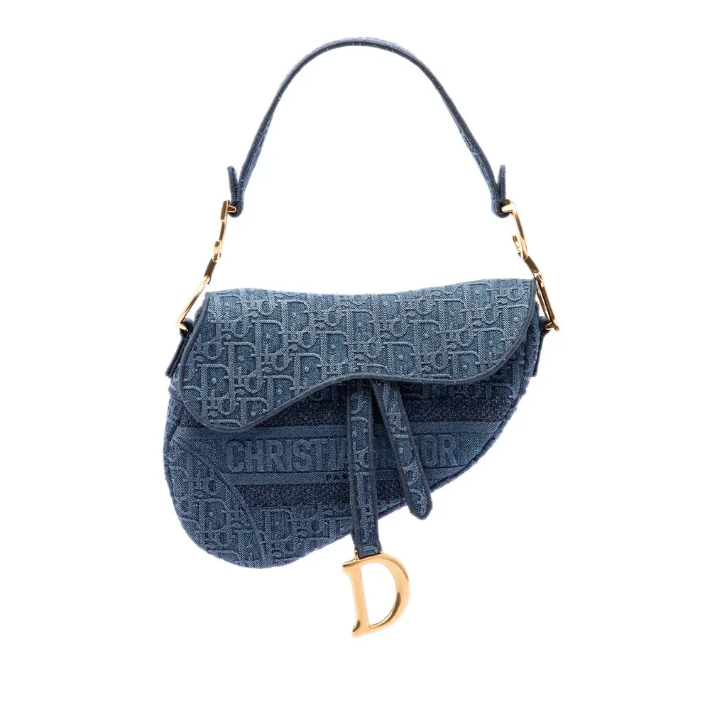 Dior Oblique Embroidered Denim Saddle Bag Blue Denim Very good - Front View