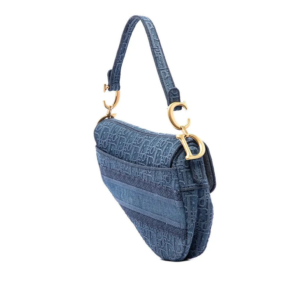 Dior Oblique Embroidered Denim Saddle Bag Blue Denim Very good - Back View