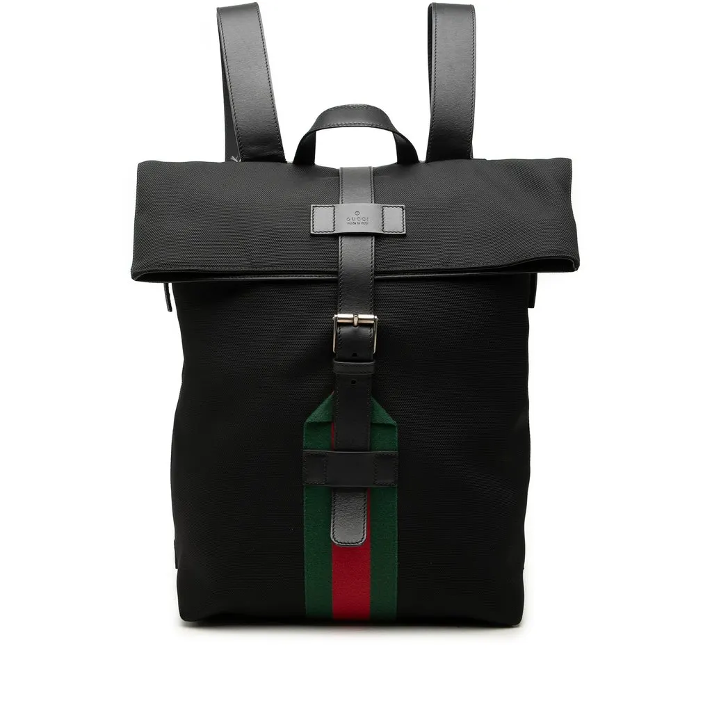 Gucci Canvas Techno Web Fold Over Backpack Black Canvas Good - Front View