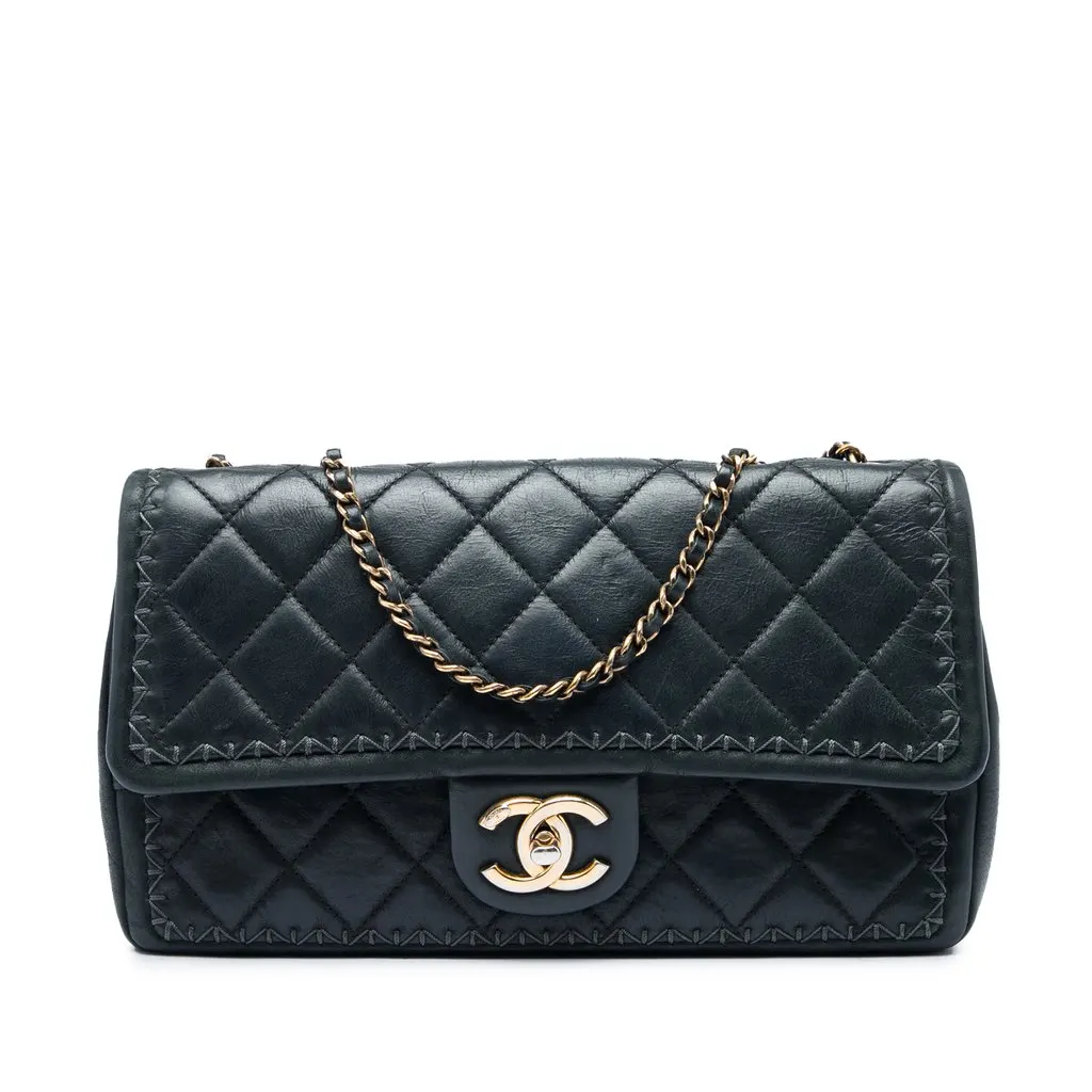 Chanel CC Quilted Iridescent Calfskin Whipstitch Single Flap Black Leather Very good - Front View