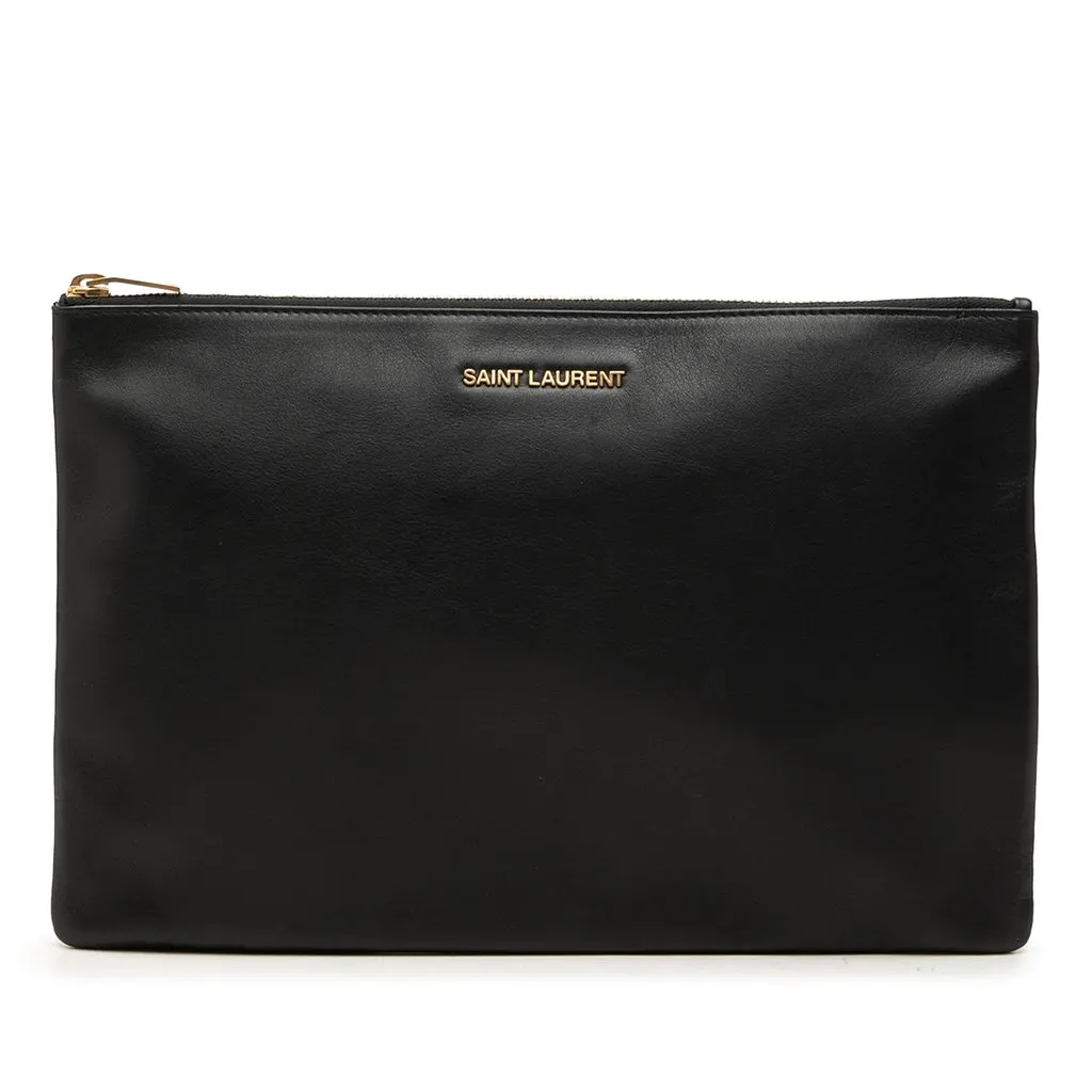 Saint Laurent Leather Zip Clutch Black Leather Very good - Front View