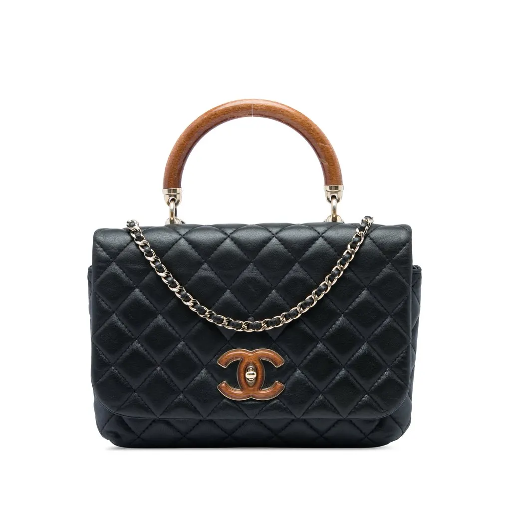 Chanel Quilted Lambskin Knock on Wood Satchel Black Leather Very good - Front View