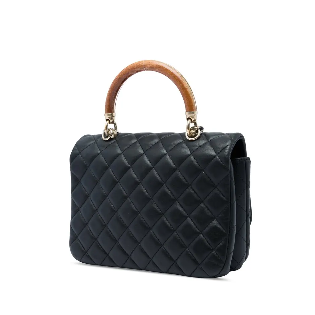 Chanel Quilted Lambskin Knock on Wood Satchel Black Leather Very good - Back View