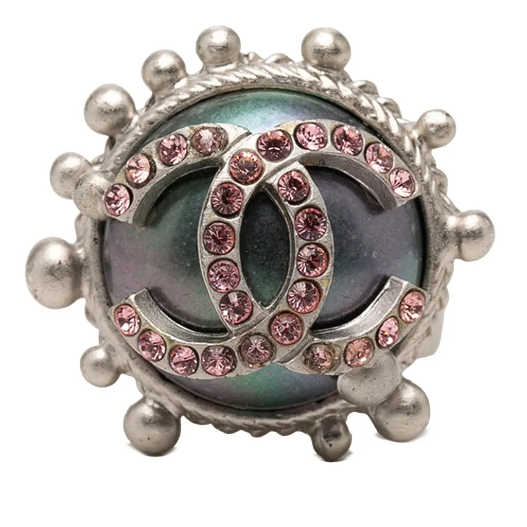 Chanel CC Brass Strass Ring Silver Metal Very good - Front View