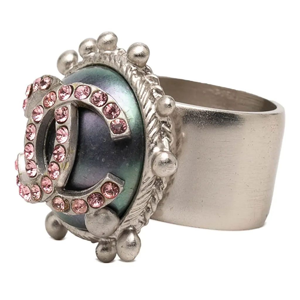 Chanel CC Brass Strass Ring Silver Metal Very good - Back View