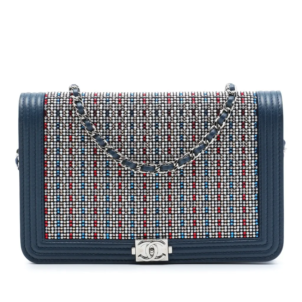 Chanel Crystal Embellished Lambskin Boy Wallet On Chain Blue Leather Very good - Front View