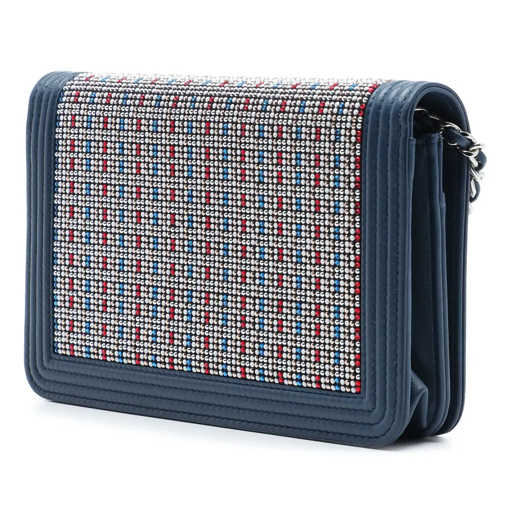 Chanel Crystal Embellished Lambskin Boy Wallet On Chain Blue Leather Very good - Back View