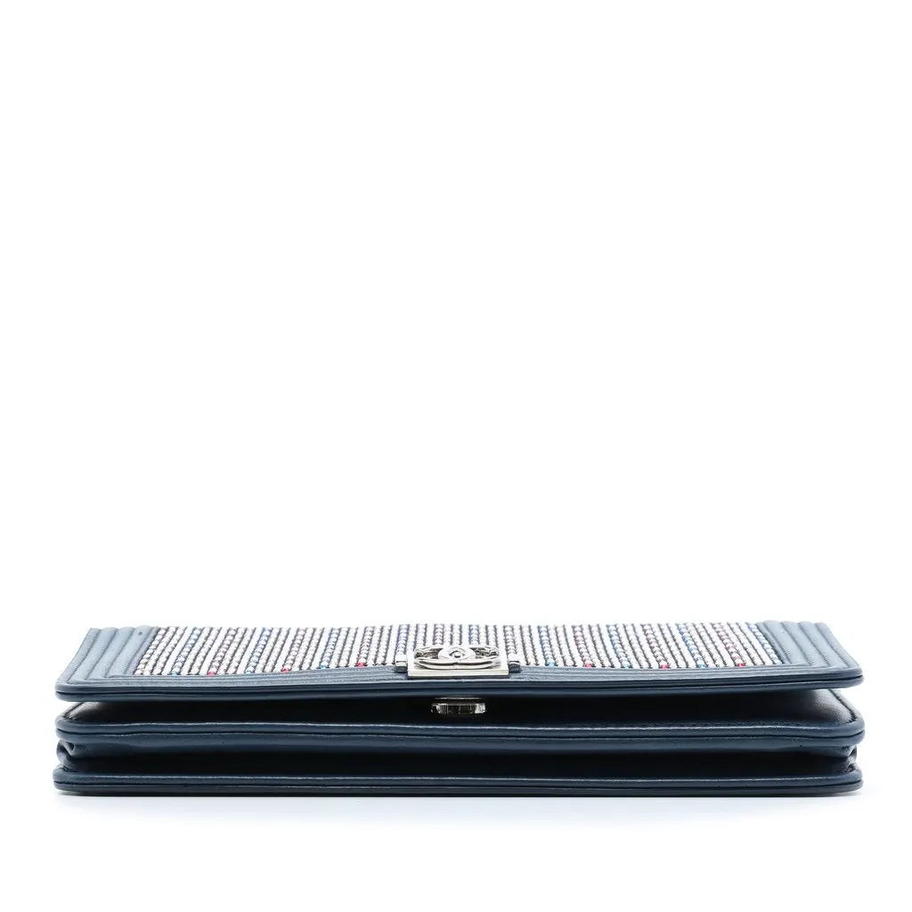 Chanel Crystal Embellished Lambskin Boy Wallet On Chain Blue Leather Very good - Inside View