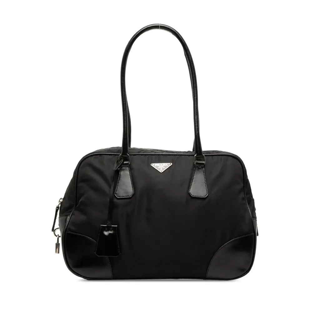 Prada Soft Calf Trimmed Tessuto Bauletto Bag Black Very good - Front View