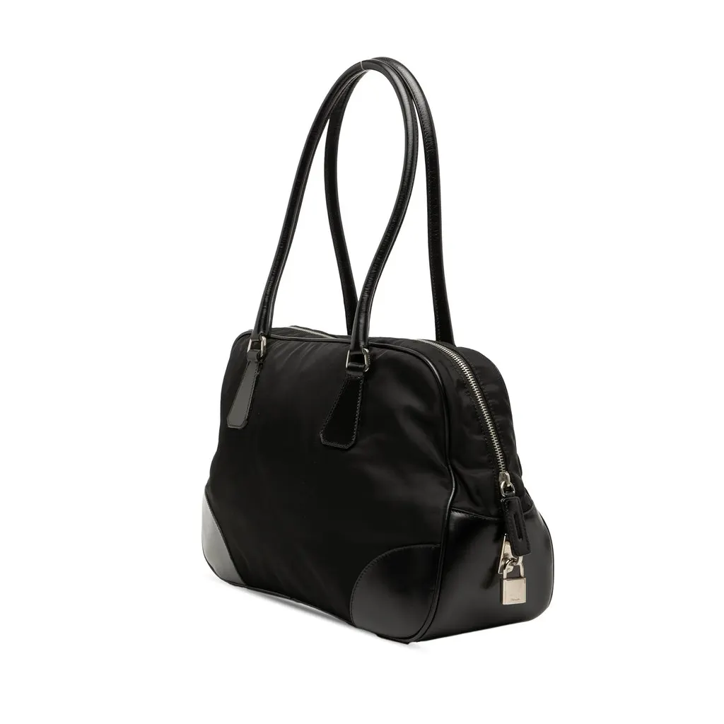 Prada Soft Calf Trimmed Tessuto Bauletto Bag Black Very good - Back View