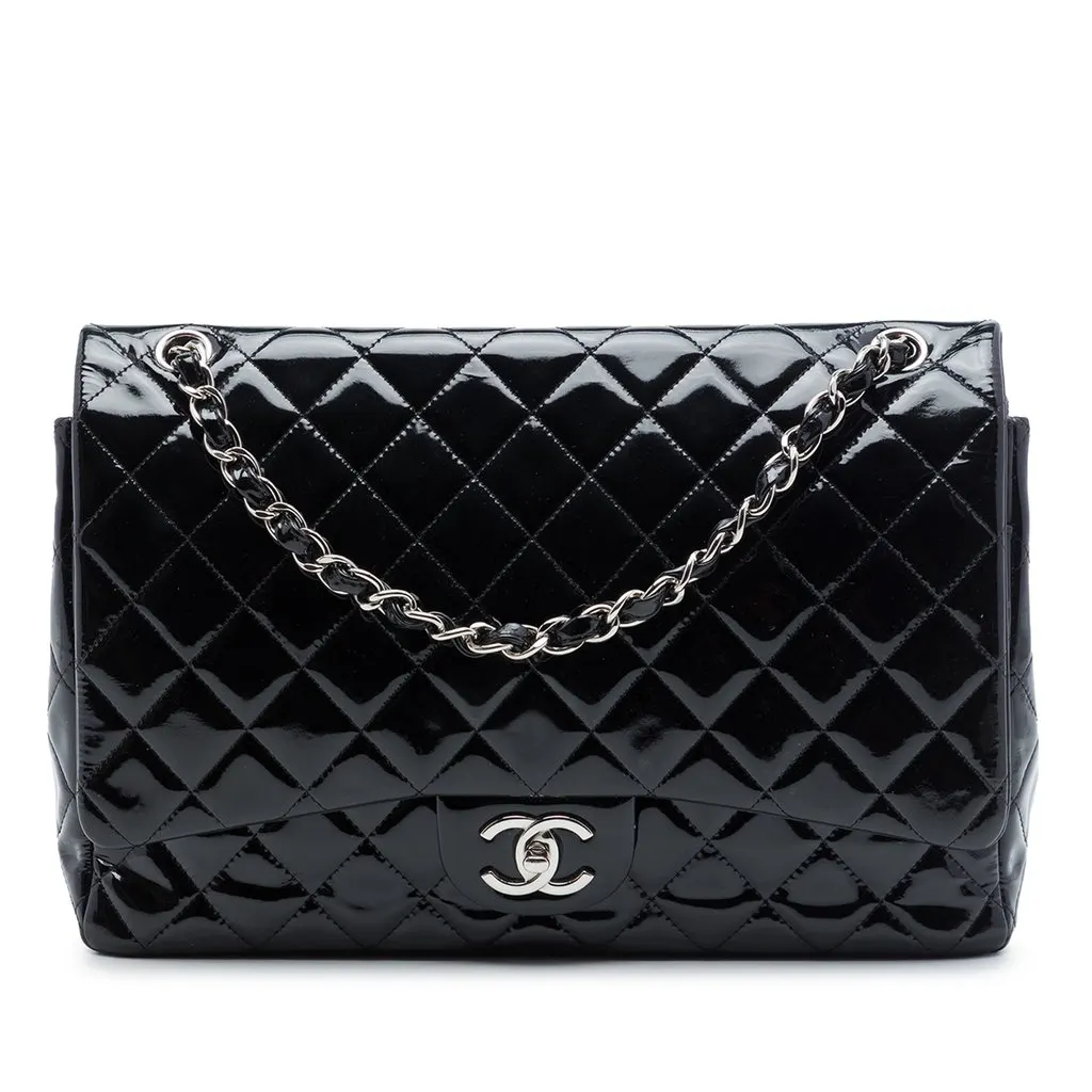 Chanel Maxi Classic Patent Double Flap Black Leather Very good - Front View