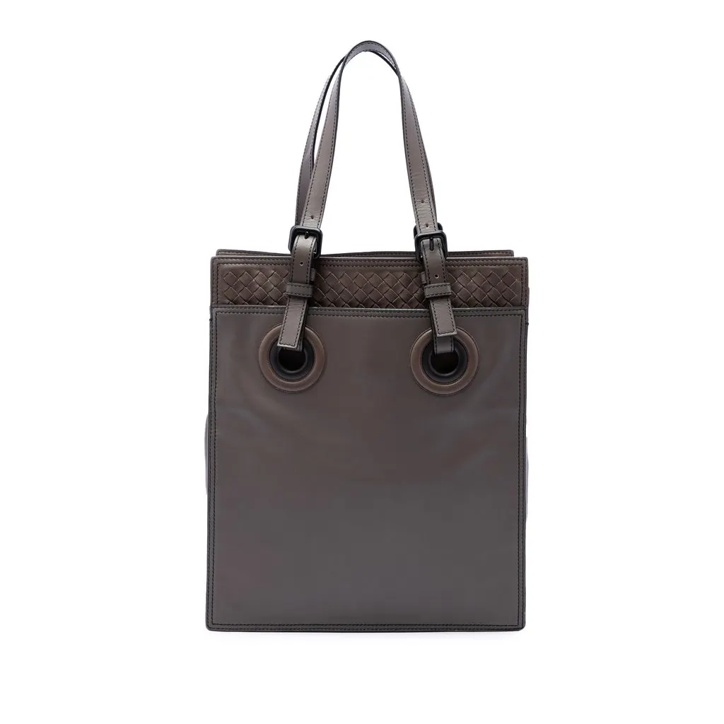 Bottega Veneta Intrecciato Trimmed Leather Oculus Tote Brown Leather Good - Front View