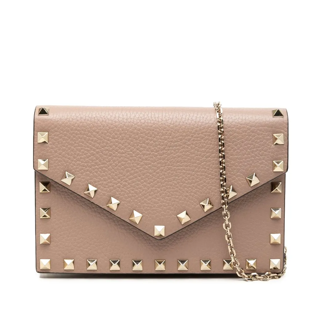 Valentino Pebbled Calfskin Rockstud Envelope Wallet on Chain Brown Leather Very good - Front View