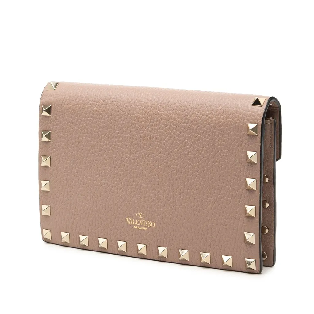 Valentino Pebbled Calfskin Rockstud Envelope Wallet on Chain Brown Leather Very good - Back View
