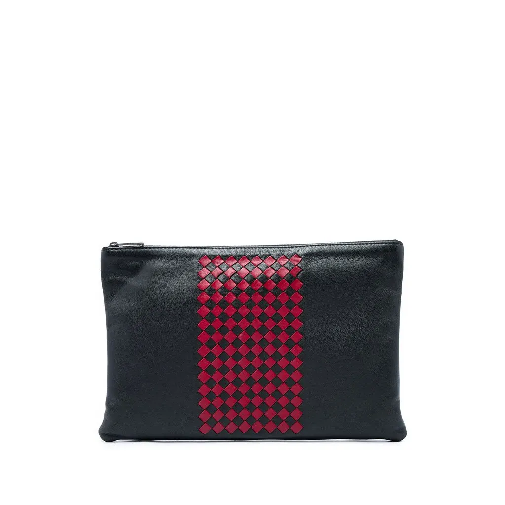 Bottega Veneta Intrecciato Trimmed Bicolor Nappa Clutch Black Leather Very good - Front View
