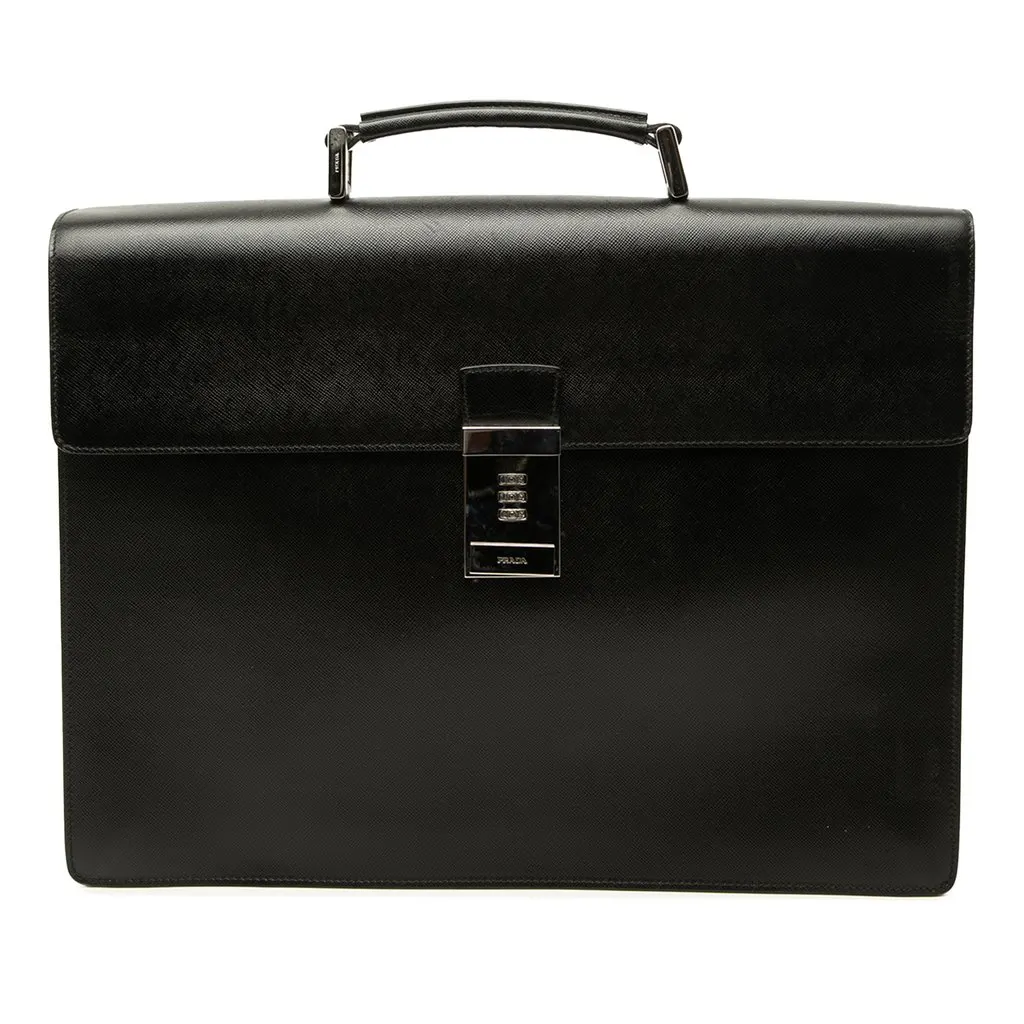 Prada Saffiano Briefcase Black Leather Good - Front View