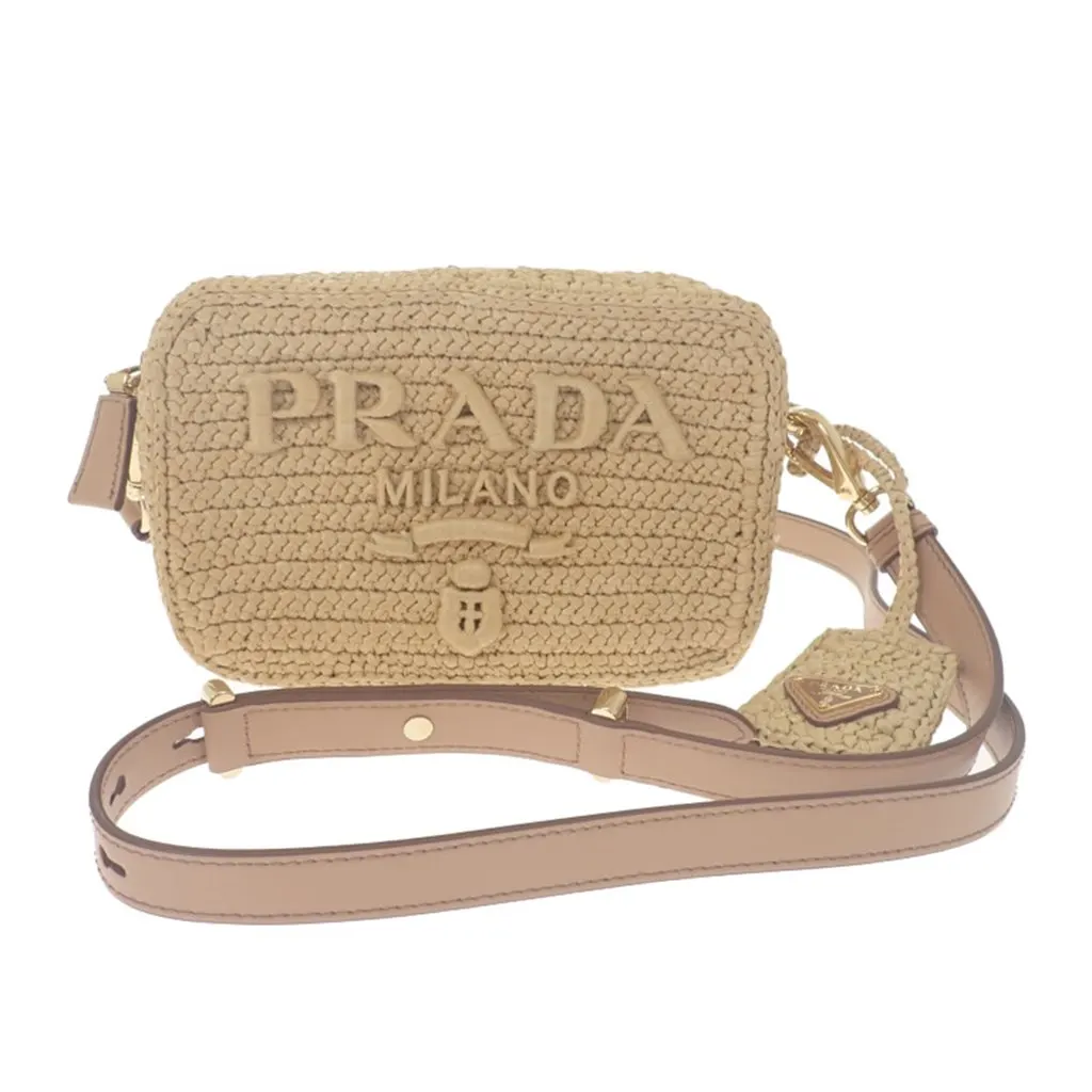 Prada Yarn Effect Raffia Crochet Brique Crossbody Beige Rattan Very good - Front View