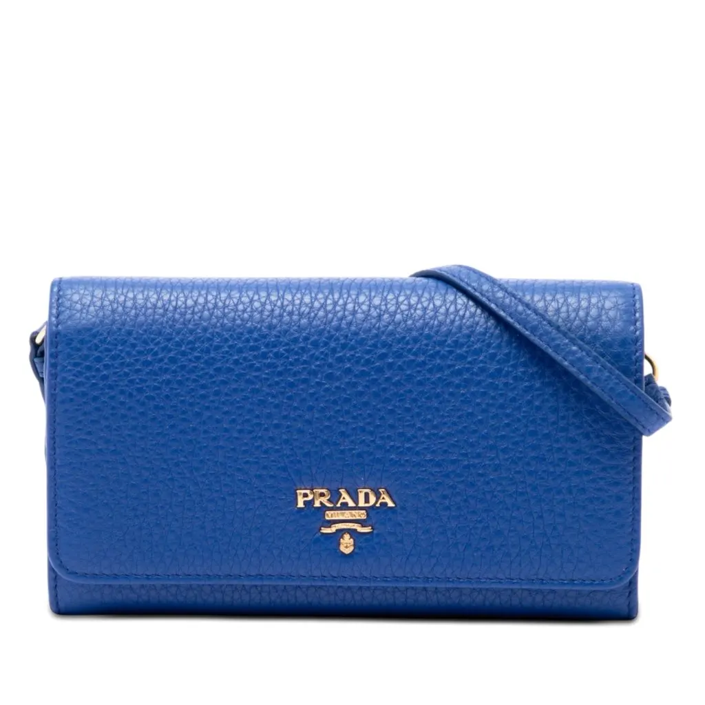 Prada Vitello Daino Wallet on Strap Blue Leather Very good - Front View