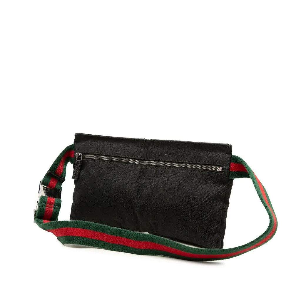 Gucci GG Canvas Web Double Pocket Belt Bag Black Canvas Good - Back View