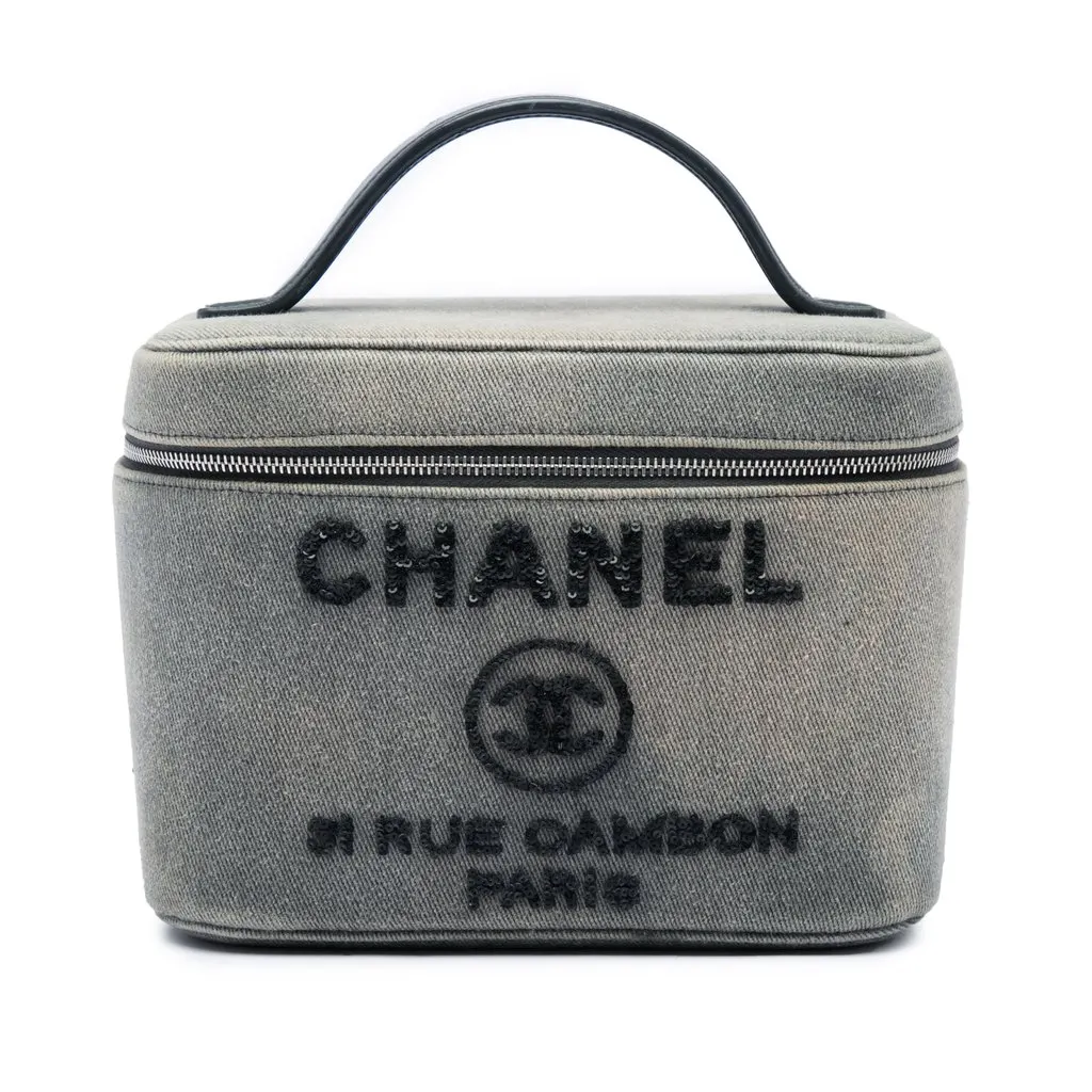 Chanel Denim Sequin Deauville Vanity Bag Grey Denim Good - Front View