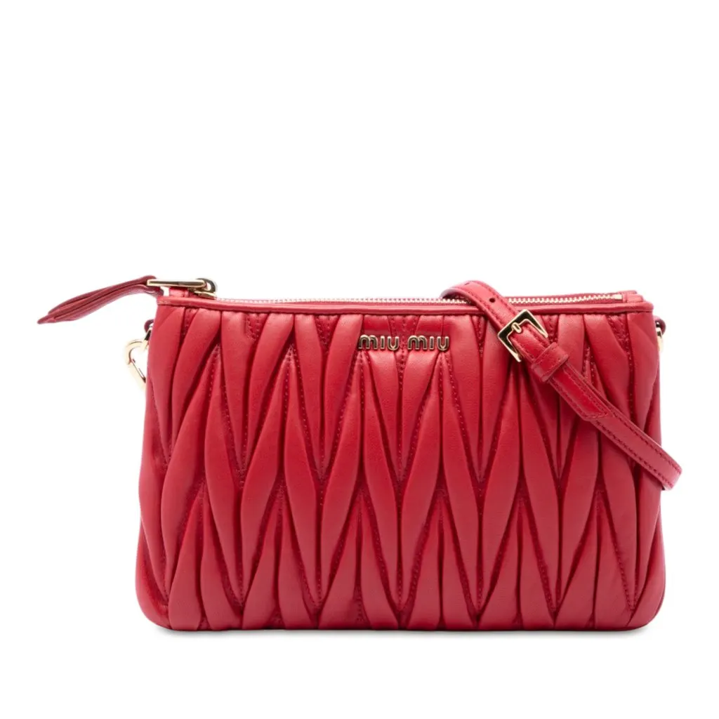 Miu Miu Matelasse Nappa Double Zip Crossbody Red Leather Very good - Front View