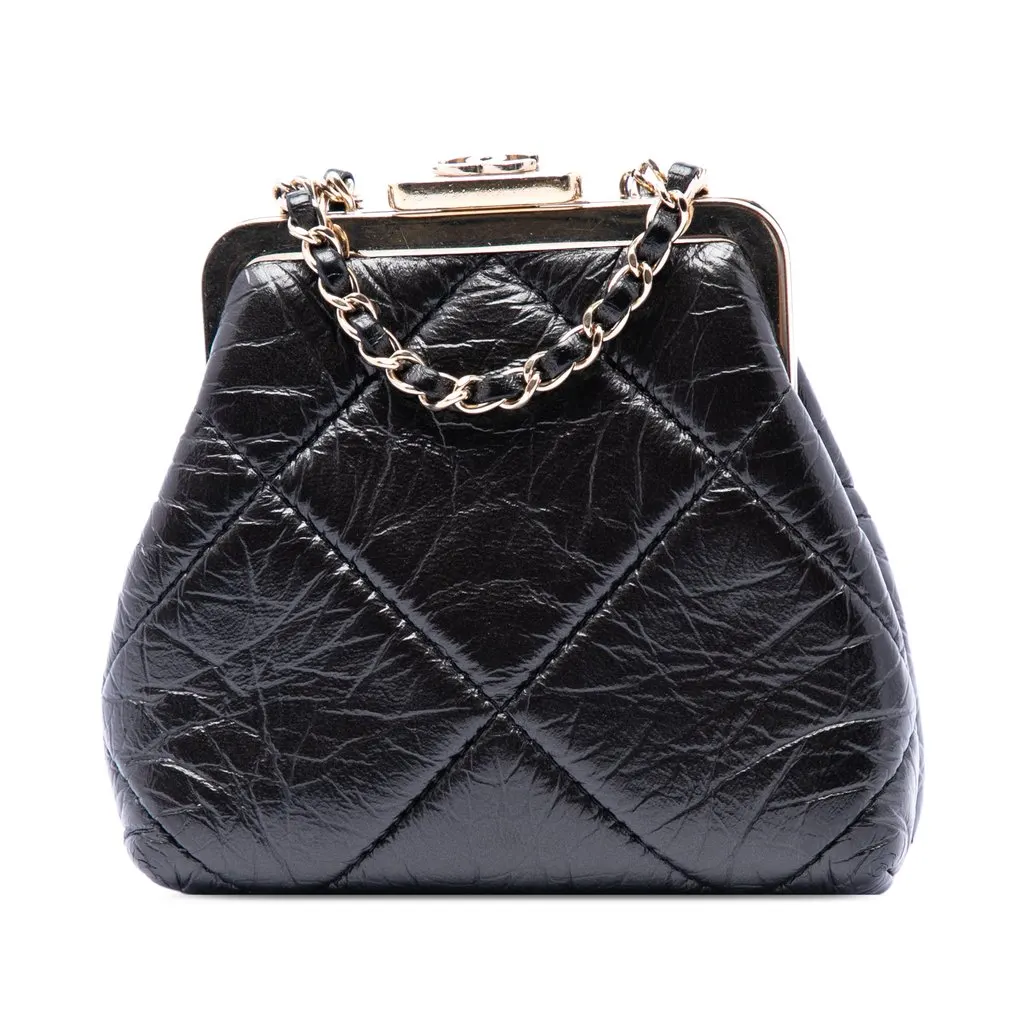 Chanel Quilted Aged Lambskin Kiss Lock Clutch with Chain Black Leather Very good - Front View