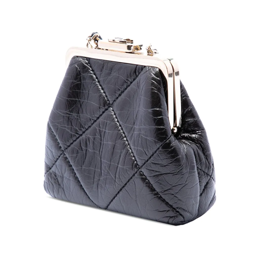 Chanel Quilted Aged Lambskin Kiss Lock Clutch with Chain Black Leather Very good - Back View