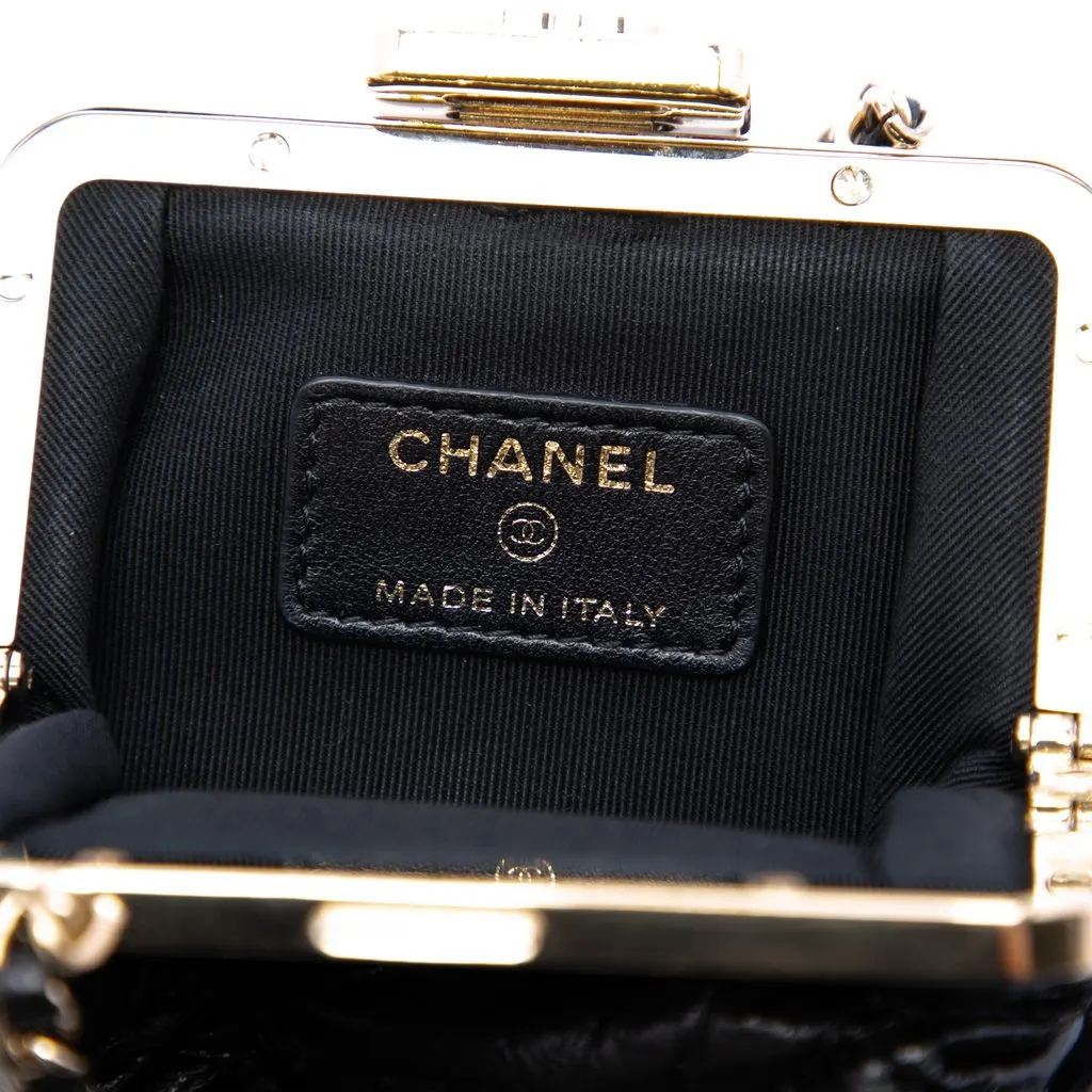 Chanel Quilted Aged Lambskin Kiss Lock Clutch with Chain Black Leather Very good - Box View