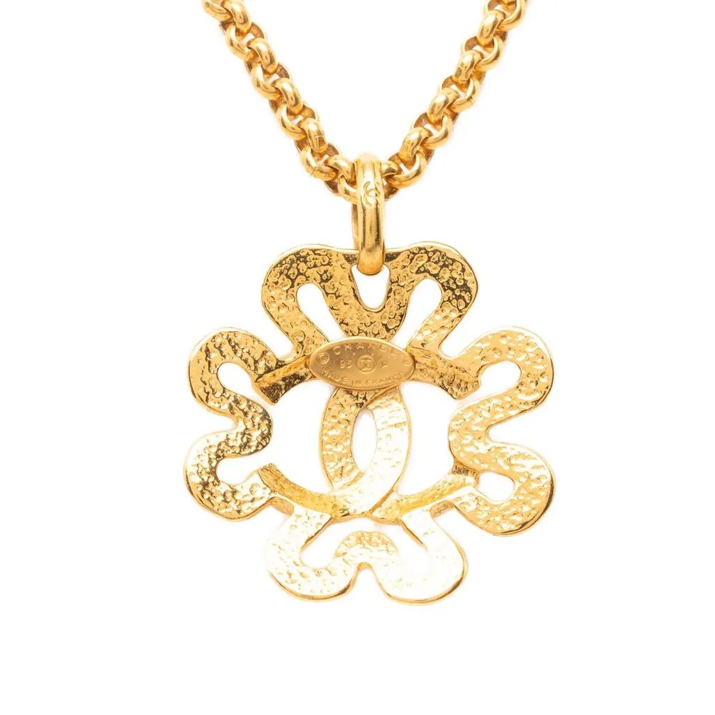 Chanel CC Gold Plated Flower Pendant Necklace Gold Metal Very good - Back View