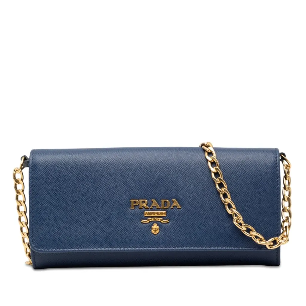 Prada Saffiano Wallet On Chain Blue Leather Very good - Front View