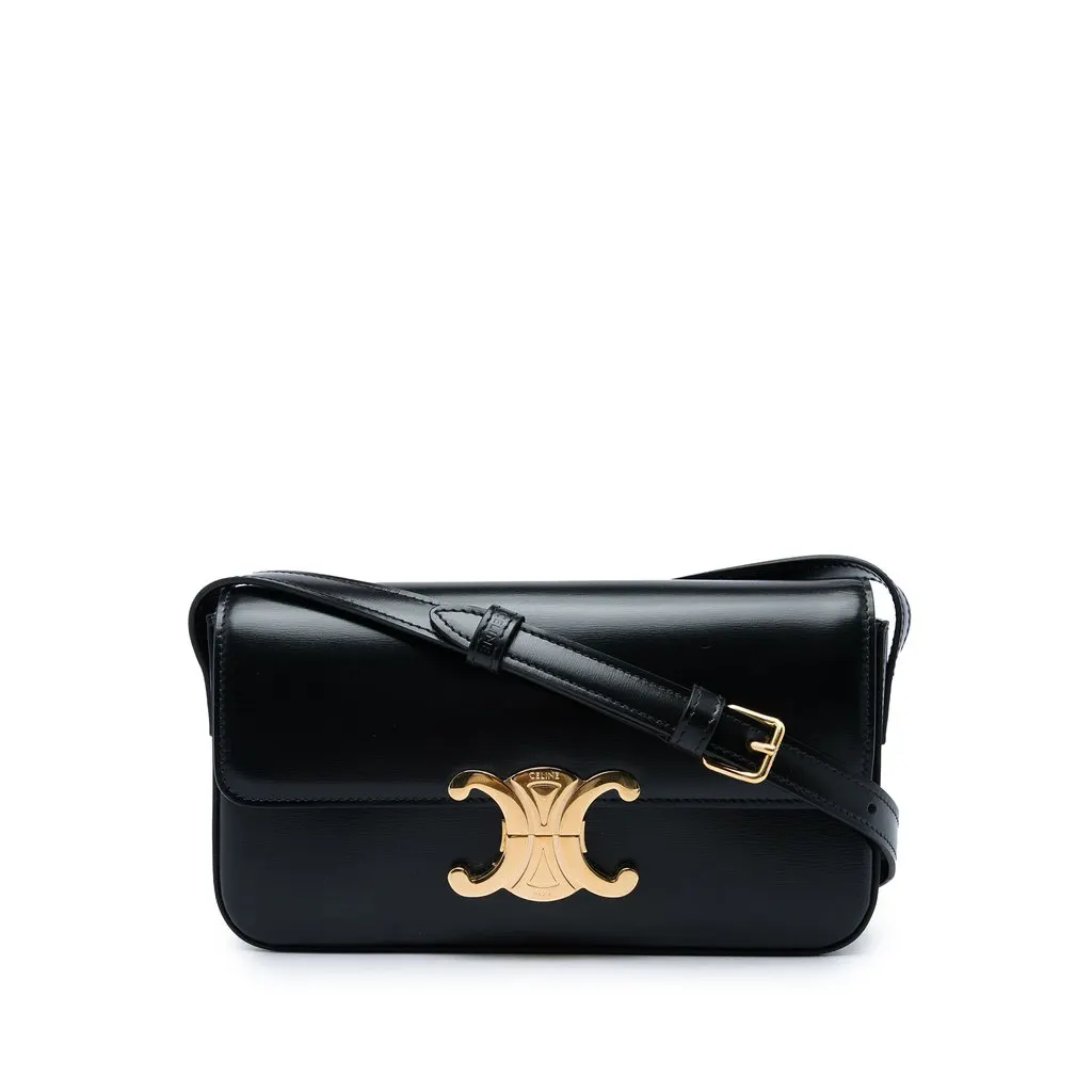 Celine Shiny Calfskin Triomphe Claude Shoulder Bag Black Leather Very good - Front View