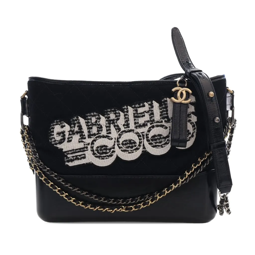 Chanel Medium Wool Coco Embroidered Gabrielle Hobo Black Wool Very good - Front View