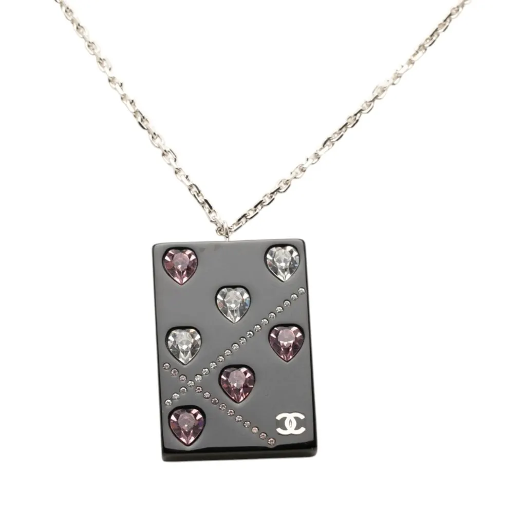 Chanel CC Brass Acrylic and Strass Pendant Necklace Black Plastic Very good - Back View
