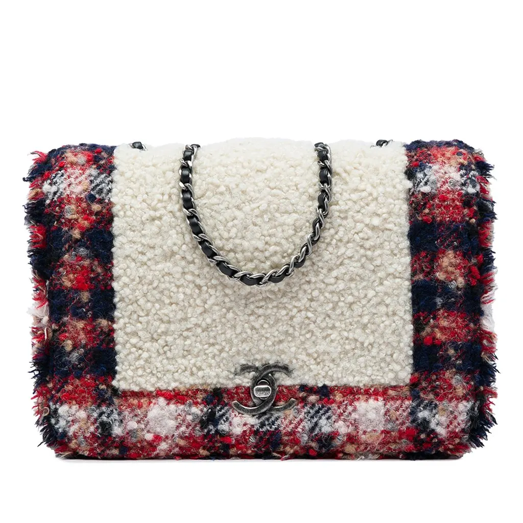 Chanel CC Tweed and Shearling Single Flap White Tweed Good - Front View