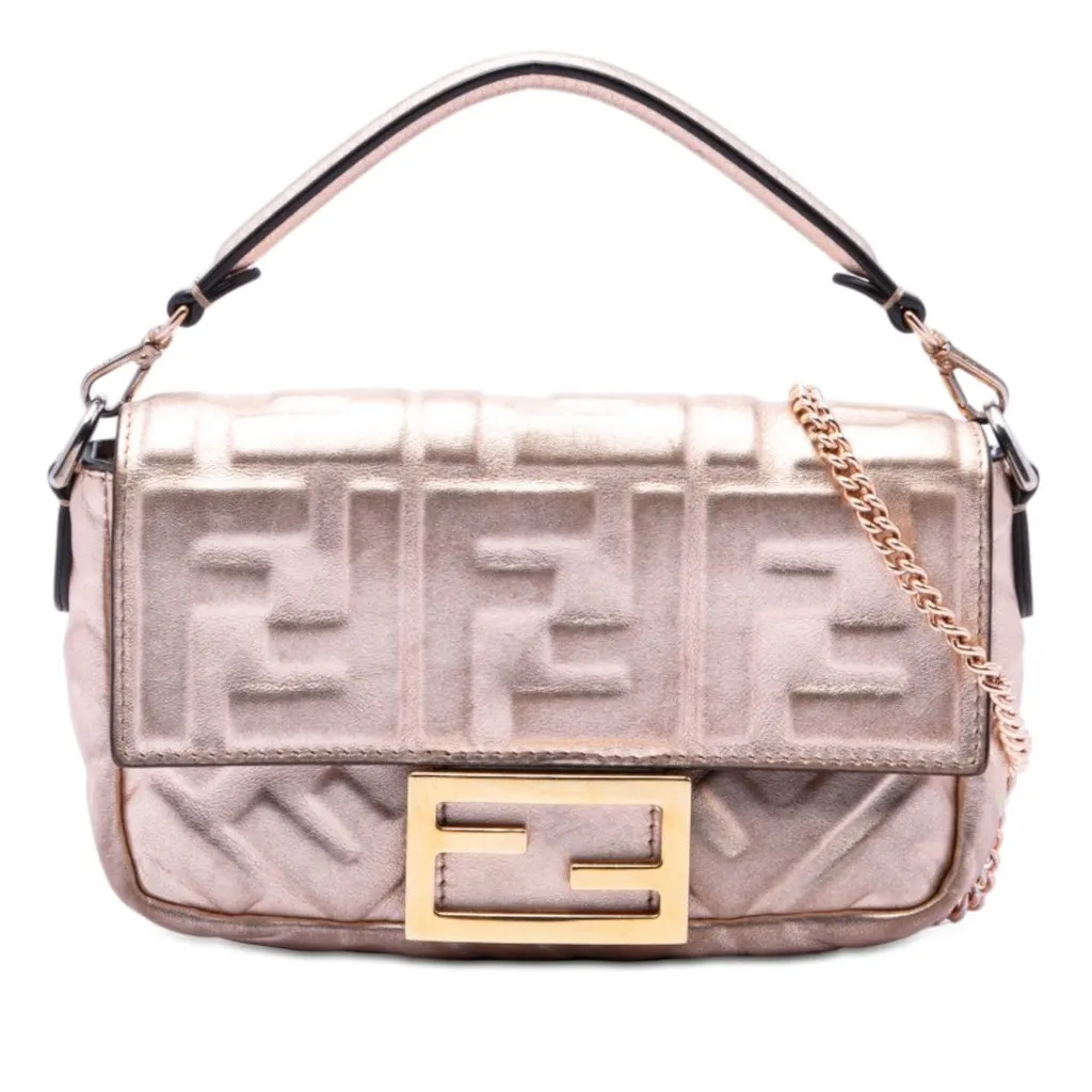 Fendi Mini Zucca Embossed Metallic Leather Baguette Satchel Pink Leather Very good - Front View