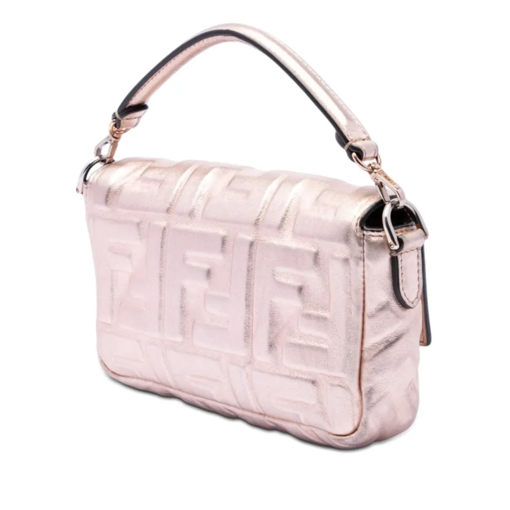 Fendi Mini Zucca Embossed Metallic Leather Baguette Satchel Pink Leather Very good - Back View