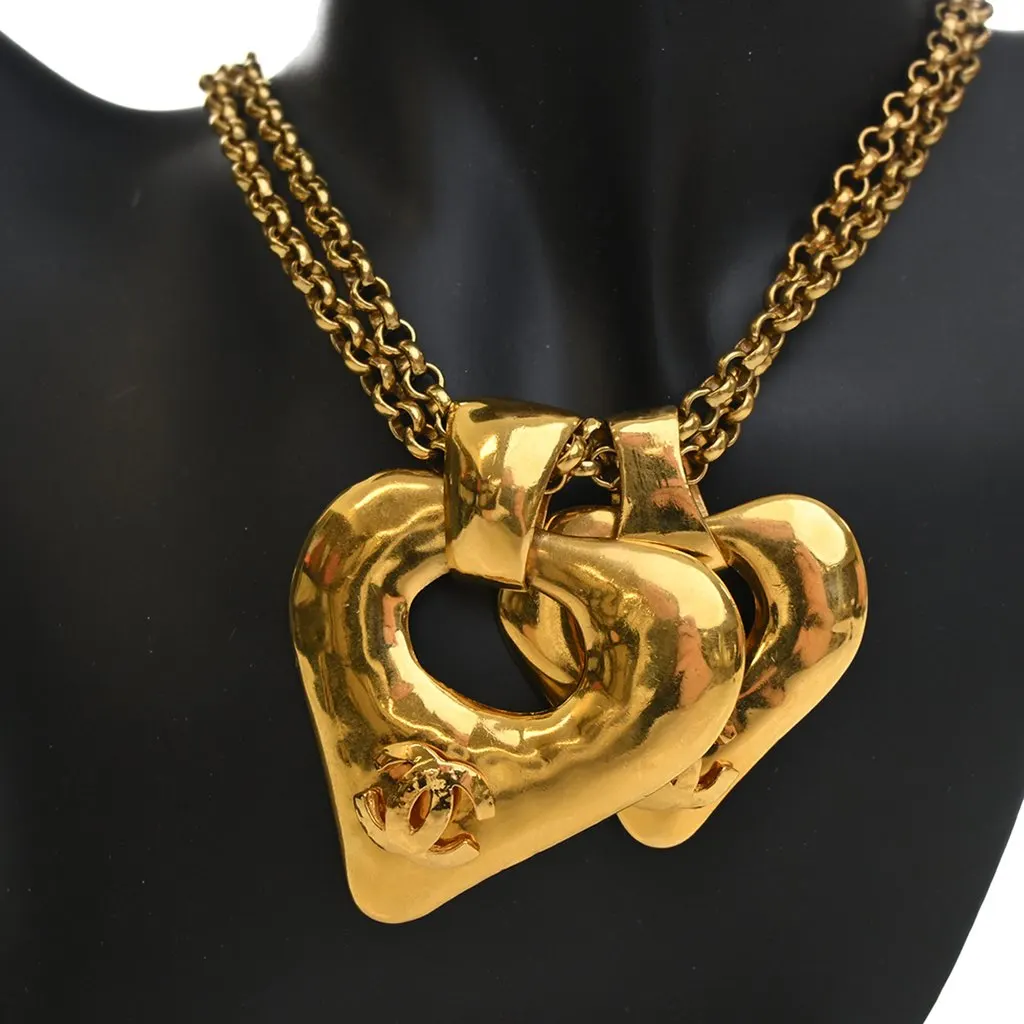 Chanel CC Gold Plated Double Heart Pendant Necklace Gold Metal Very good - Front View