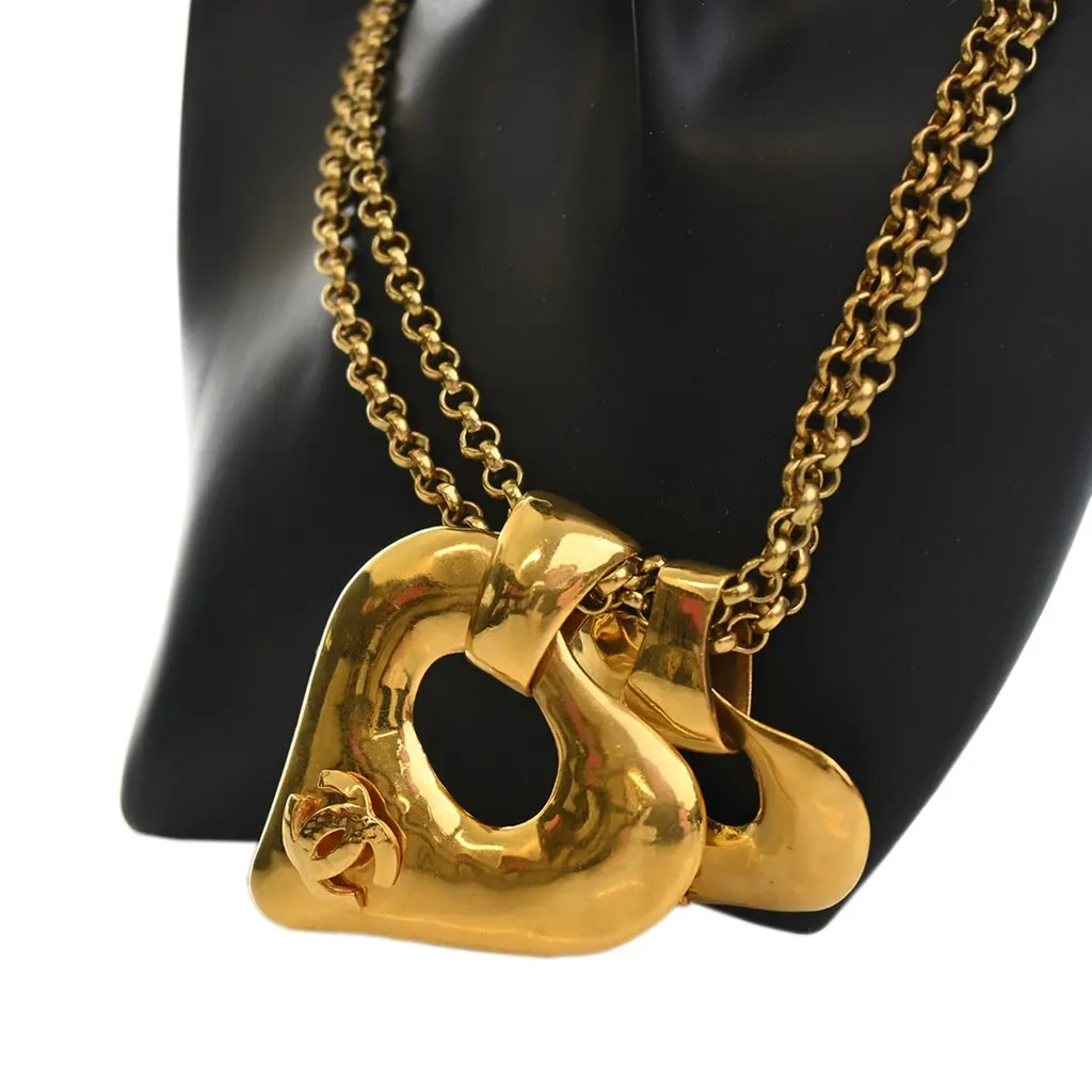 Chanel CC Gold Plated Double Heart Pendant Necklace Gold Metal Very good - Back View