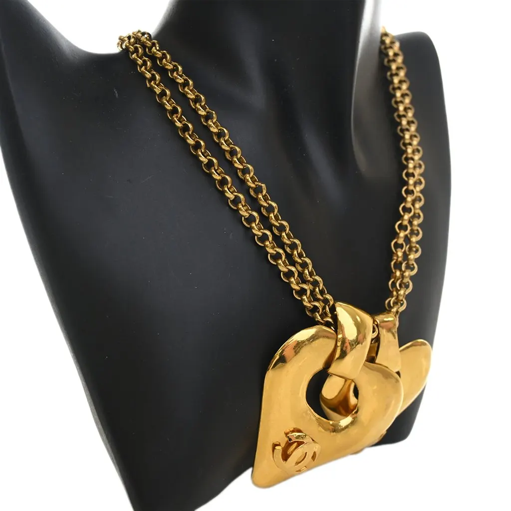 Chanel CC Gold Plated Double Heart Pendant Necklace Gold Metal Very good - Inside View