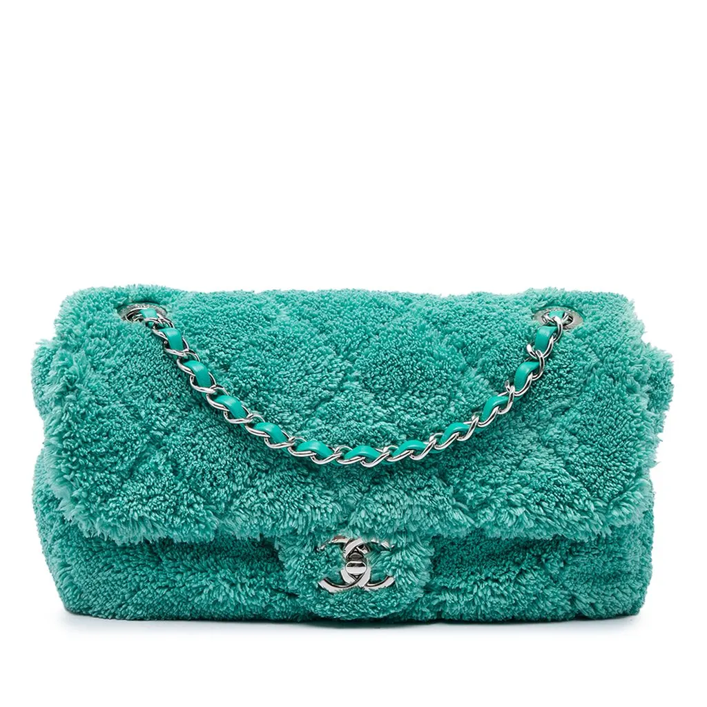 Chanel Medium Quilted Terry Cloth Coco Beach Flap Green Very good - Front View