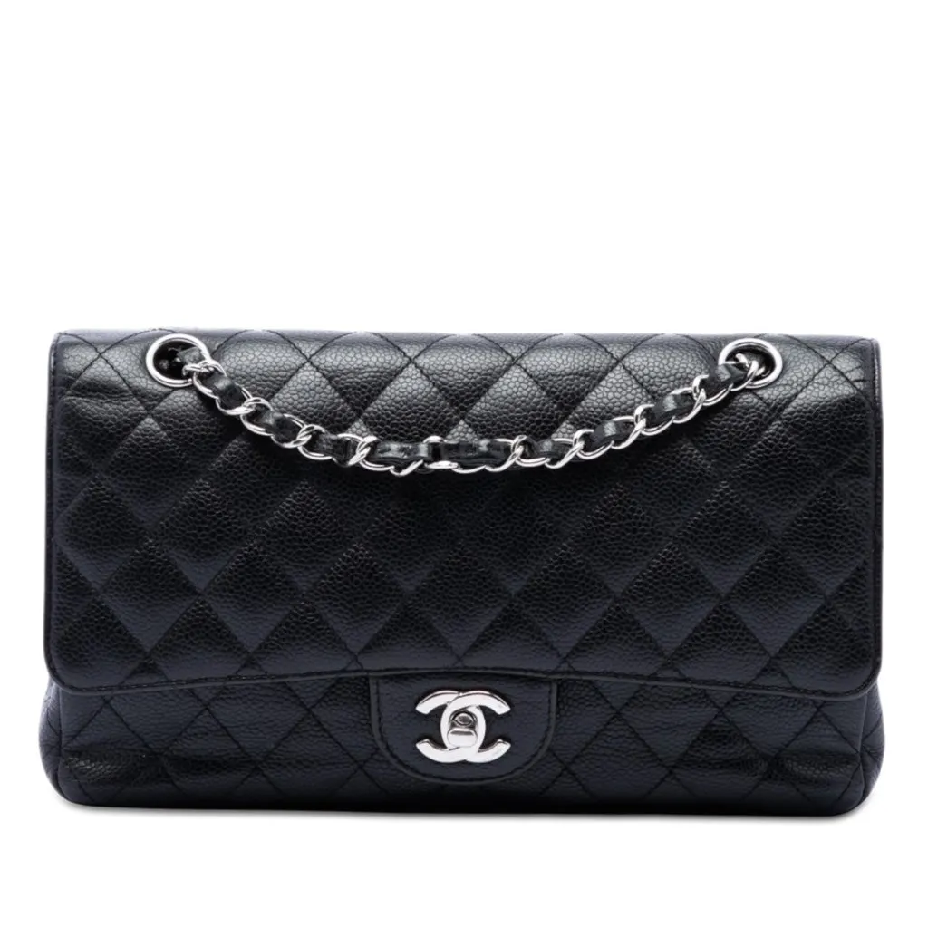 Chanel Medium Classic Caviar Double Flap Black Leather Very good - Front View